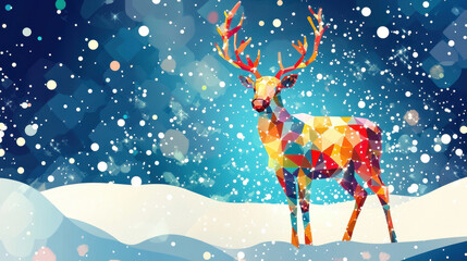 A colorful reindeer stands majestically in a snowy landscape under a sparkling winter sky