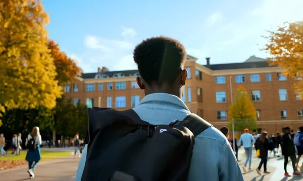 Student with a backpack walking towards a university campus building on a bright autumn day with colorful foliage