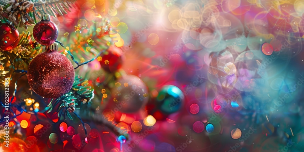 Poster holiday scene featuring a blend of decorations and a colorful abstract backdrop with dynamic effects