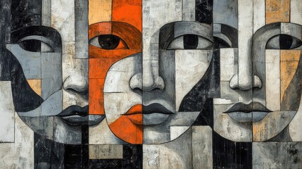 abstract cubist collage of fragmented faces with interlocking shapes in gray, black, white, and orange on an aged paper background