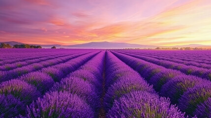 Obraz premium Lavender fields at sunset with golden light over a beautiful rural landscape