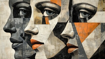 abstract cubist collage of fragmented faces with interlocking shapes in gray, black, white, and orange on an aged paper background