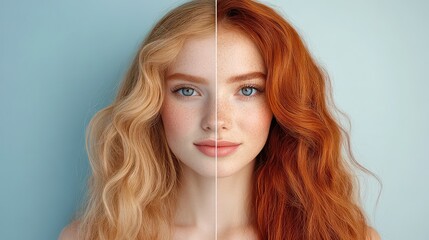  before and after split image of a woman's hair transformation, showcasing beauty treatment and hair care concepts