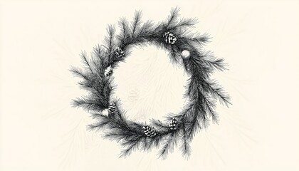 Obraz premium A black and white illustration of a pine wreath with pinecones, creating a minimalistic yet elegant display.