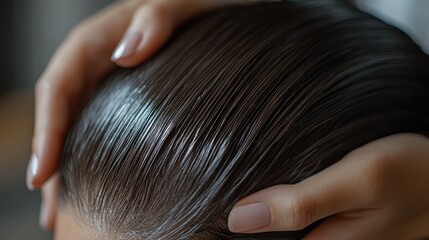 Obraz premium close-up of a woman's hand massaging her hairline before and after baldness treatment, highlighting the effects of cosmetic gel or shampoo