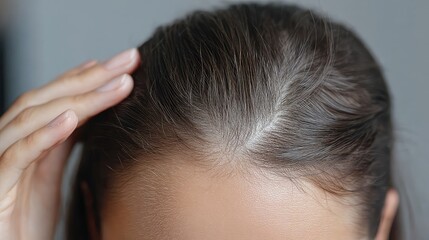 Fototapeta premium close-up of a woman's hand massaging her hairline before and after baldness treatment, highlighting the effects of cosmetic gel or shampoo