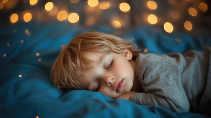 photograph of a cute little boy sleeping on a bed with a blue background and starry lights