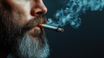 Fototapeta premium studio close-up of a bearded man smoking a cigarette, with smoke against a grey background and ample copy space on the right for text or information