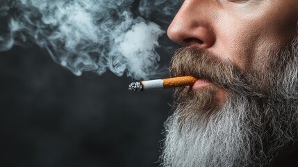 Fototapeta premium studio close-up of a bearded man smoking a cigarette, with smoke against a grey background and ample copy space on the right for text or information