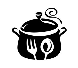 Home cooking restaurant logo. Culinary arts symbol. Saucepan with spoon and fork sign