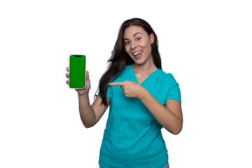Confident young nurse in scrubs using a smartphone featuring a green screen