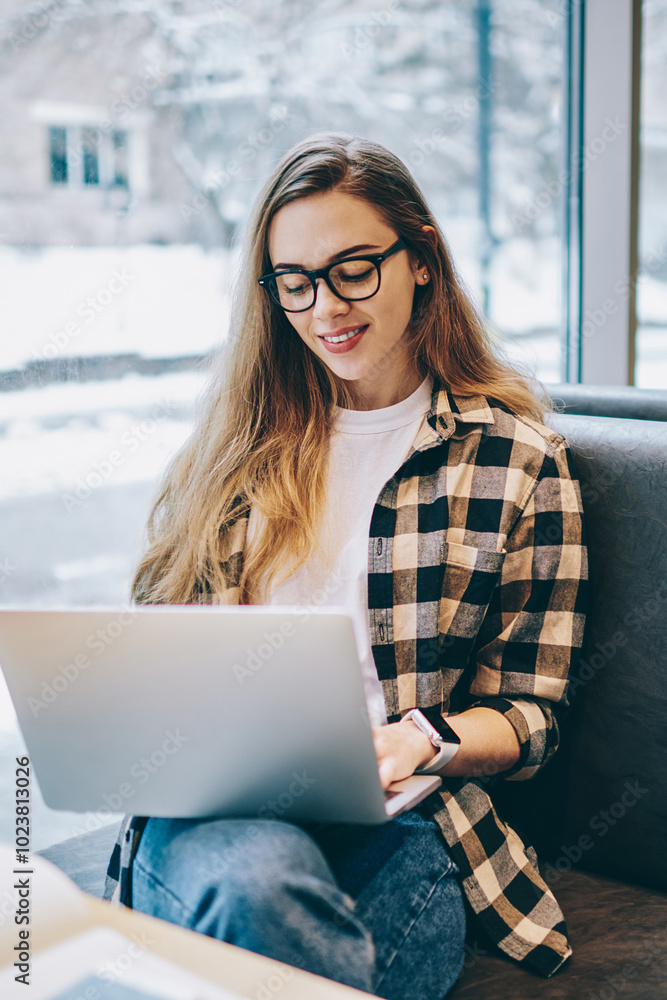 Poster positive female remote worker searching funny information for creating article on content website co