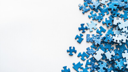 Unfinished blue puzzle pieces on white table background. Closeup. Empty place for text 