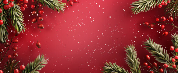 Christmas background with red berries and rose hips on snowy tree branches, snowflakes falling in the background. Festive flat lay border frame design with copy space.
