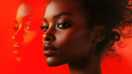 Obraz premium A young woman with dark skin and curly hair looks directly at the camera. Her reflection is visible behind her, but the image is blurred.