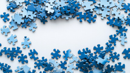 Unfinished blue puzzle pieces on white table background. Closeup. Empty place for text 