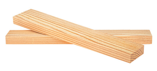 Two wooden beams isolated on a white background. Pine wooden bars.