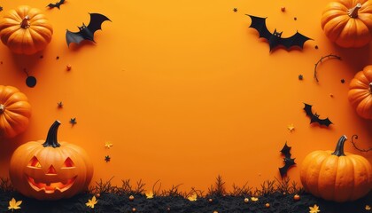 Halloween pumpkin head and other stuff on Solid orange color background, Frame for Greeting Posters, Cards, Banners and Invitations with Copy Space