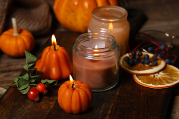 Burning candles with pumpkins, berries and dried orange on wooden background