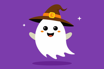 Funny spooky boo character. Halloween ghost floating. Spook phantom. Cute happy spirit in witch hat. Happy halloween party greeting card with cute ghost. Halloween phantom design vector illustration