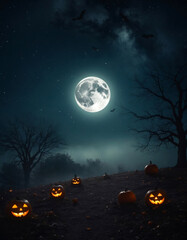 Fototapeta premium Ominous night landscape with pumpkins, trees and the moon