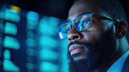An analyst is intently examining data metrics displayed on a screen, showcasing a blend of technology and analytical expertise in a contemporary workspace