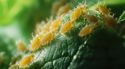 Naklejka premium Close-up of Yellow Insects on Green Leaf Surface