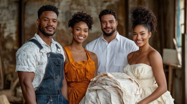 Diverse group of fashion designers collaborating on a collection, representing the fusion of global cultures in the fashion industry