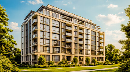 Obraz premium A 3D view of a 5-story building, featuring a modern architectural design with large windows and a clean, minimalist facade.