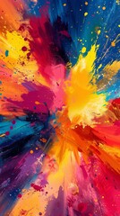 A colorful explosion of paint splatters on a canvas