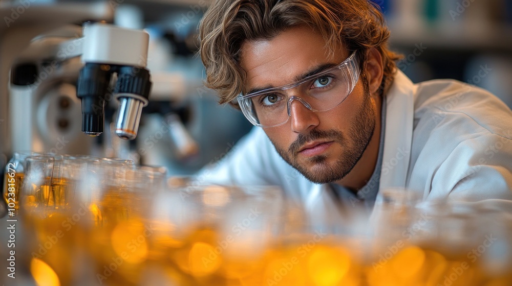 Poster scientist conducting an experiment in a laboratory, illustrating the research and discovery process 