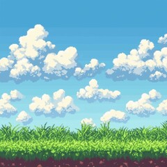 Pixel green grass growing on soil under a bright blue sky with soft white clouds in a peaceful natural landscape