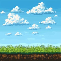 Obraz premium Vibrant pixel green grass and soil under a bright blue sky with fluffy white clouds in a clear, sunny landscape