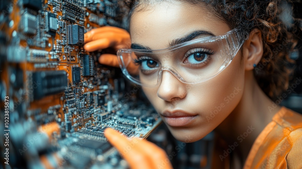 Poster worker performing quality assurance tests on electronics, showcasing the importance of precision and