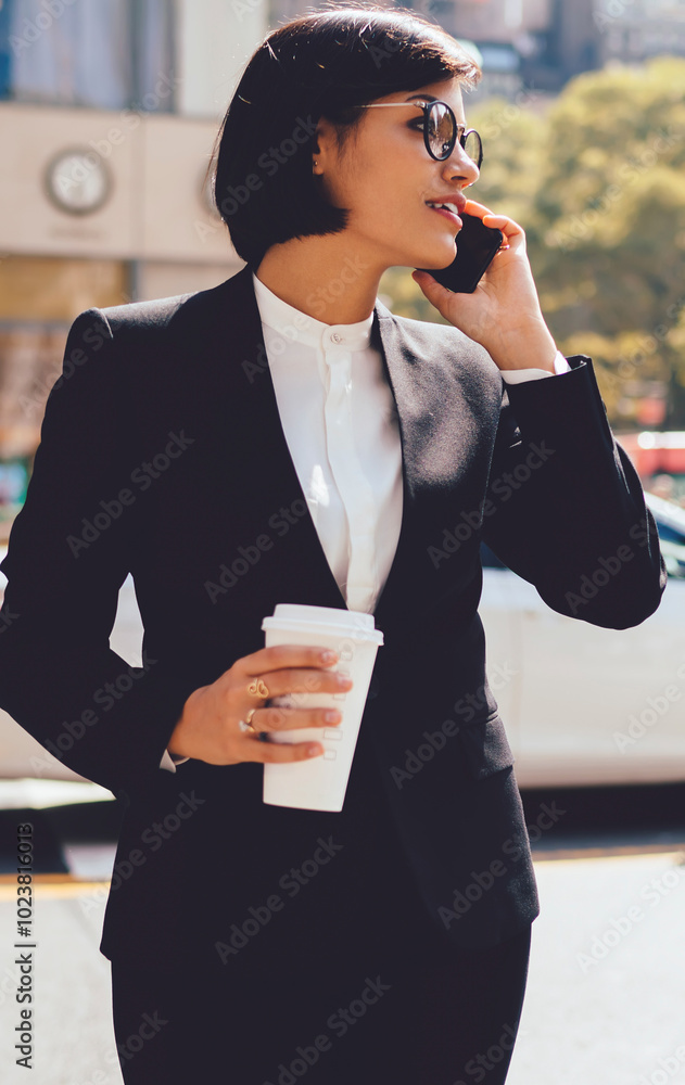 Poster attractive business woman using 4g connection for making international conversation via application 