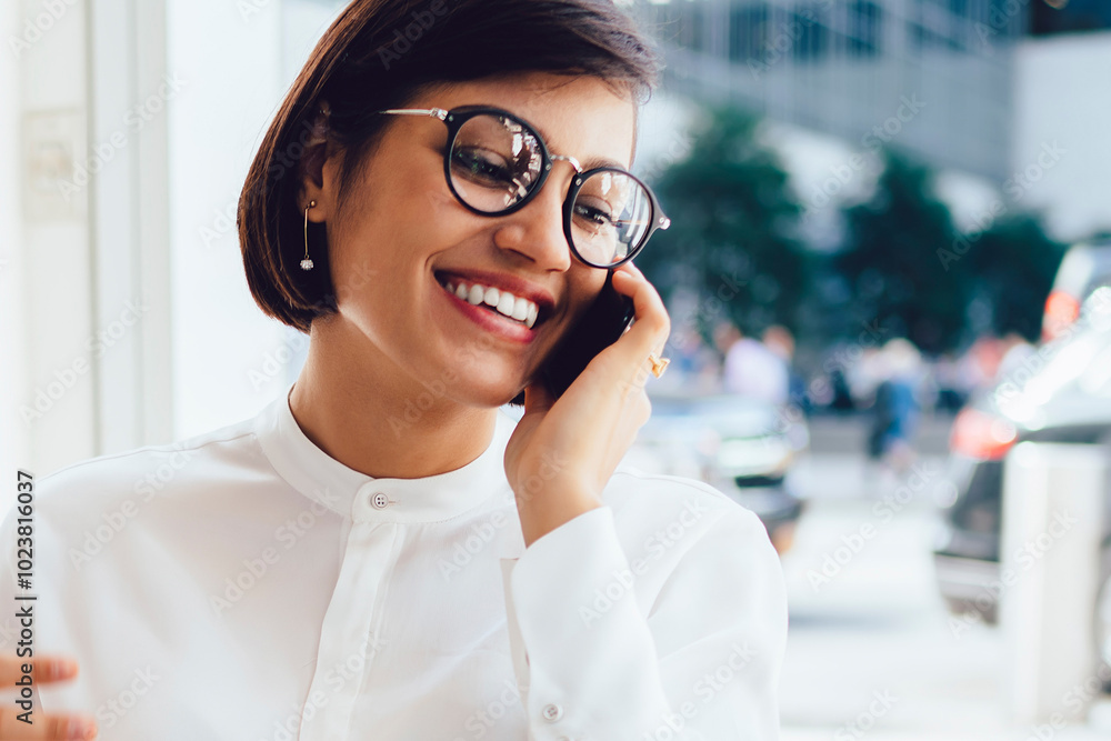 Aufkleber cheerful female trader enjoying break from distance job with laptop computer calling to friend for d