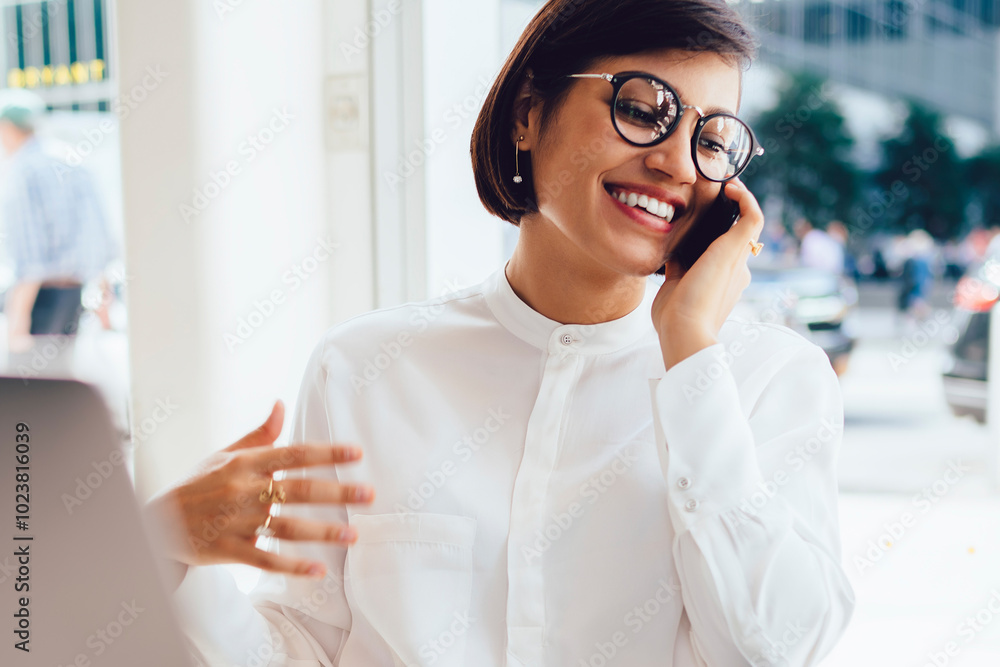 Aufkleber cheerful female trader enjoying break from distance job with laptop computer calling to friend for d