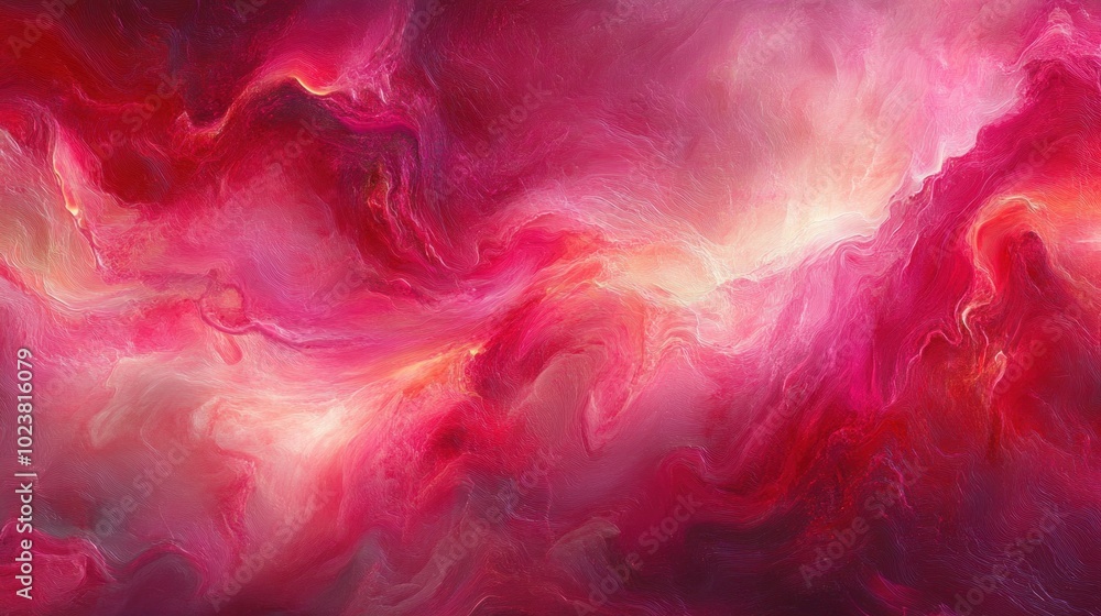 Poster the artwork features dynamic swirls of red and pink tones blending together, creating an impression 