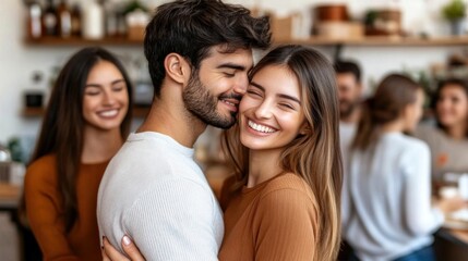 Obraz premium A joyful couple embraces each other warmly in a lively cafe, surrounded by friends who share laughter and smiles, creating a vibrant atmosphere of connection and friendship