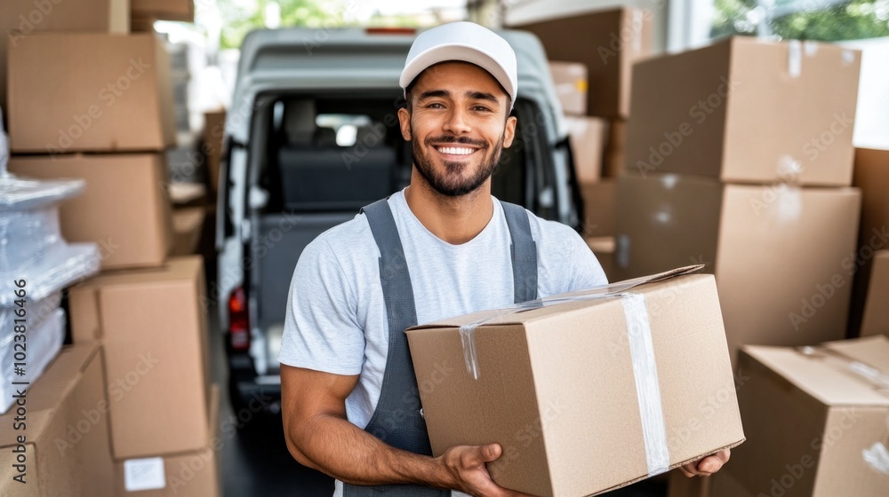 Aufkleber a man smiles while carrying a cardboard box in a warehouse busy with stacked boxes and a delivery va