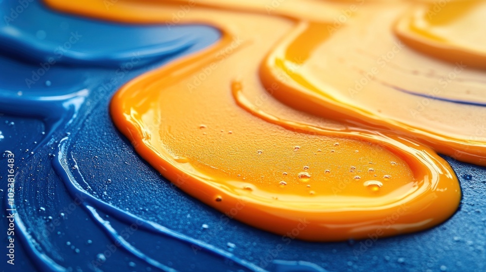 Poster a dynamic swirl of orange and blue paint flows together, creating a vivid abstract design on a textu