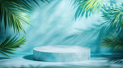 Obraz premium The circular platform is set against a bright blue backdrop, flanked by lush green palm leaves, creating a calm tropical ambiance ideal for presentations, displays, or events