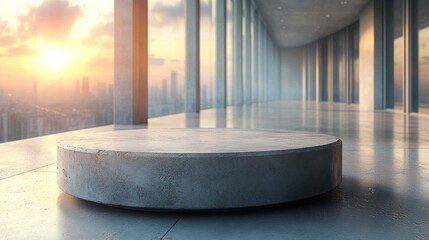 Fototapeta premium A minimalist concrete platform sits inside a high-rise building, surrounded by large windows that frame a breathtaking sunset illuminating the city skyline