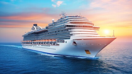 A large cruise ship glides smoothly across calm waters during sunset, with vibrant hues illuminating the sky. Travelers aboard enjoy the beautiful scenery and serene atmosphere