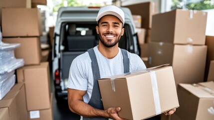 A man smiles while carrying a cardboard box in a warehouse busy with stacked boxes and a delivery van in the background, suggesting an active shipping environment