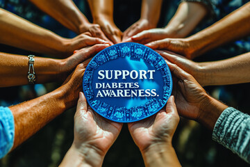 A community of people with diabetes holding hands, forming a circle around a blue ribbon with the words "SUPPORT DIABETES AWARENESS."