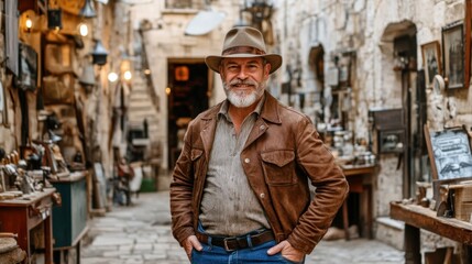 Fototapeta premium A cheerful man stands in a historic narrow street lined with vintage shops, exuding charm with his brown jacket and hat as the sun sets, casting a warm glow