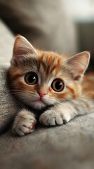 A small, cute kitten is sitting on the sofa, looking at you with big eyes