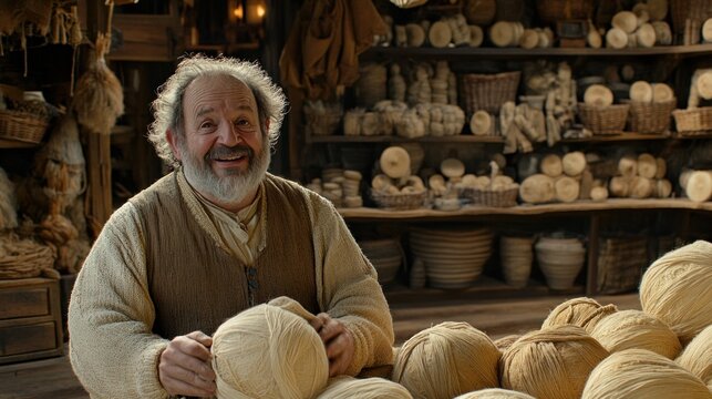 The artisan smiles warmly while arranging skeins of yarn on a wooden table, surrounded by baskets of fibers and rustic shelves stocked with handmade goods in a charming workshop