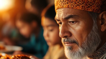 Obraz premium Muslim family breaking fast during Ramadan, highlighting the significance of fasting and togetherness in Islam